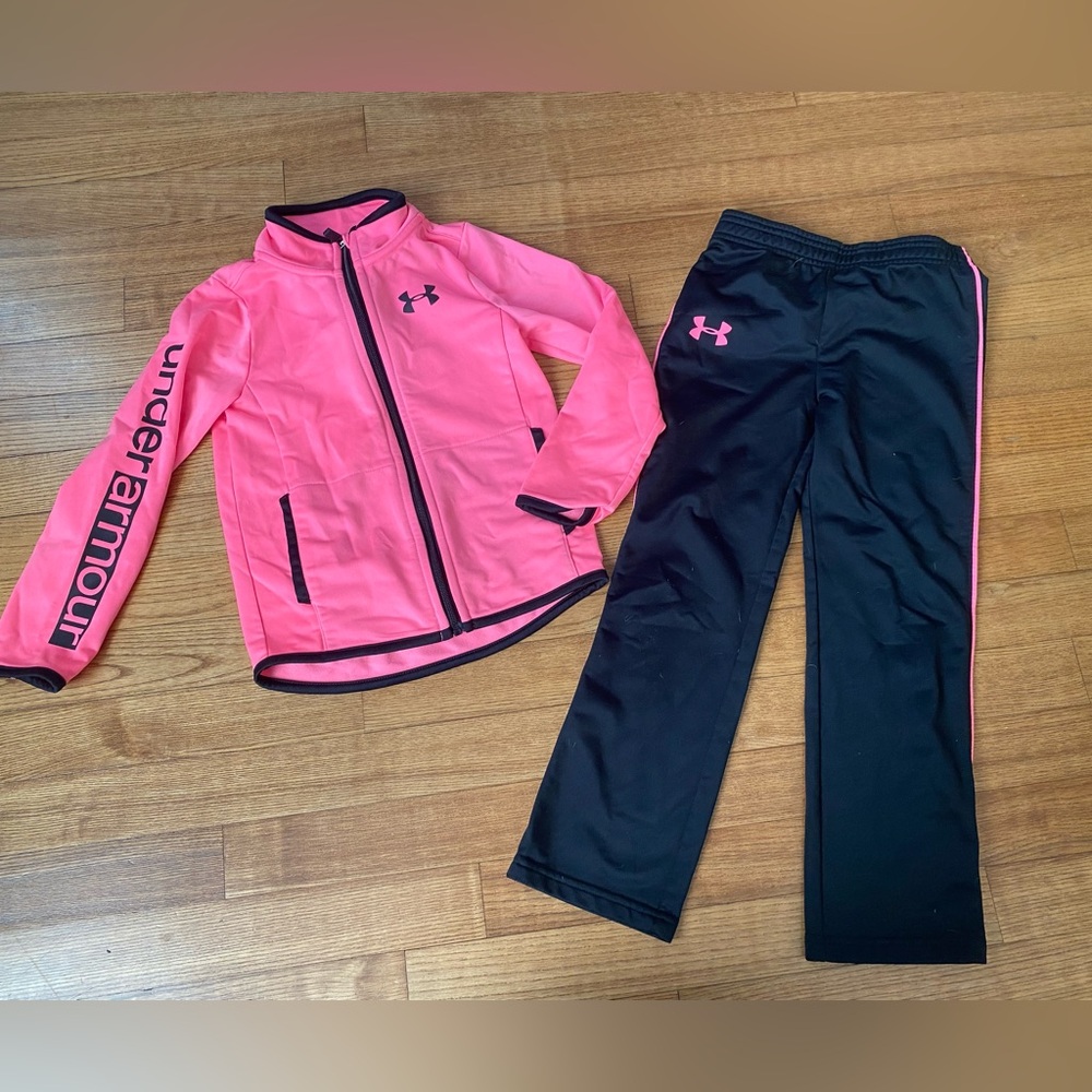 Under Armour Girls toddler 4 & 5 Pink & Black Active sports jacket pant set EUC